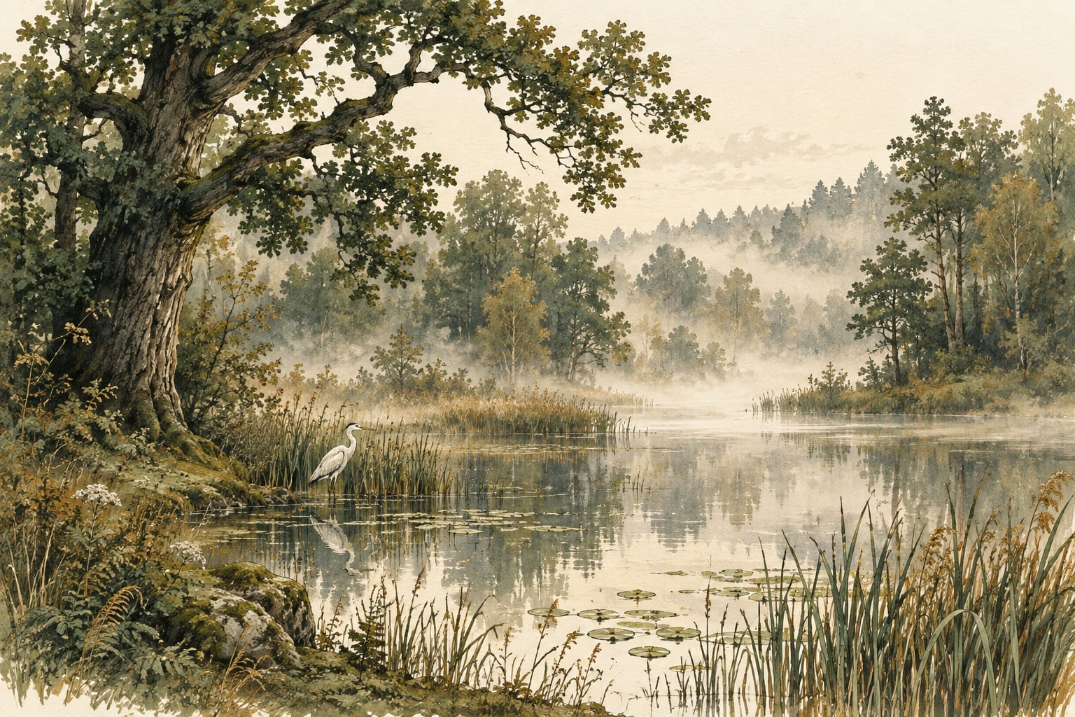 Ilustracja artystyczna: czapla nad leśnym stawem