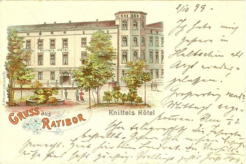 Litografia „Gruss aus Ratibor” z Knittels Hôtel, korespondencja z 1899 roku